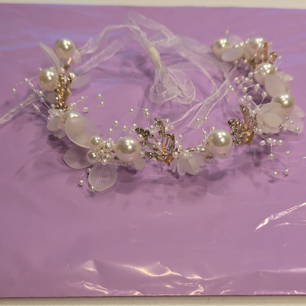 White & Gold Floral Faux Pearl Halo Bridal Headband Hair Accessory Ribbon Tie